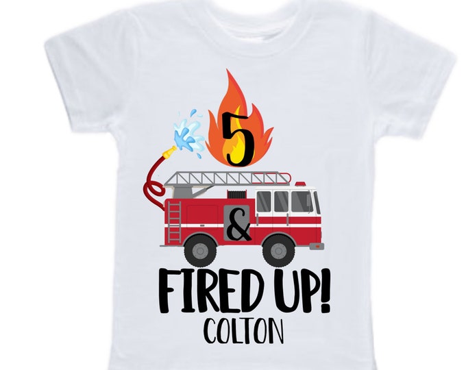 Personalized 5 and Fired UP!  Fire Truck Truck FIVE Raglan Monster Truck theme Birthday Shirt. FIVE Birthday. FireTruck Birthday .