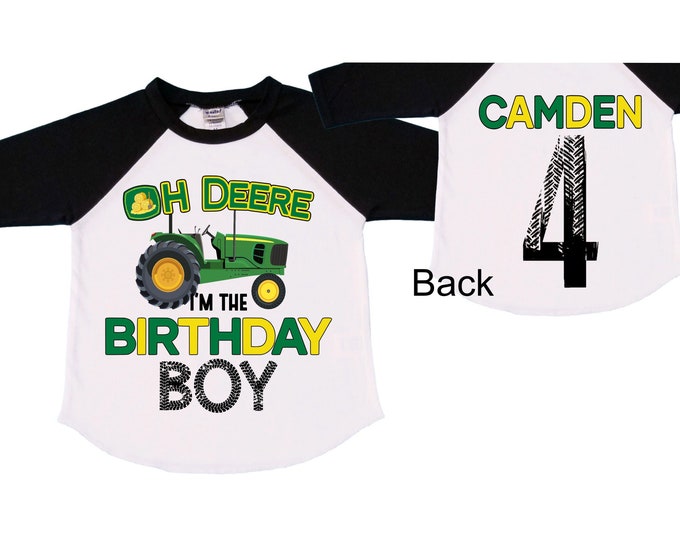 Personalized Tractor FOUR  Raglan Monster Truck theme Birthday Shirt. Two Birthday. Boy's Racing Birthday . Tractor Birthday .