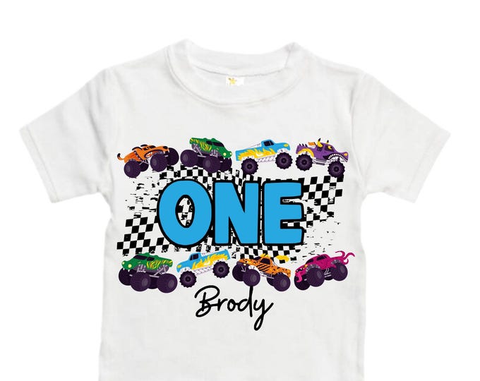 Personalized Monster Truck Crushing IT Birthday Shirt. ONE First 1st Birthday. Truck Birthday Shirt. Monster Truck Racing Birthday Shirt.