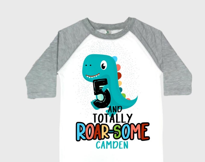 Personalized Dinosaur Themed Birthday Boy Raglan Dinosaur theme Birthday Shirt. FIVE Birthday. Boy's Dino Birthday. Dinosaur Birthday Shirt.