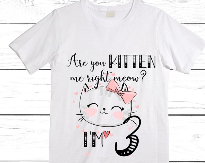 Cat / Kitten / Are you Kitten Me Right meow / Purr fectly  THREE Birthday Girl Shirt. Cake Smash Birthday Shirt. Three . Birthday Shirt