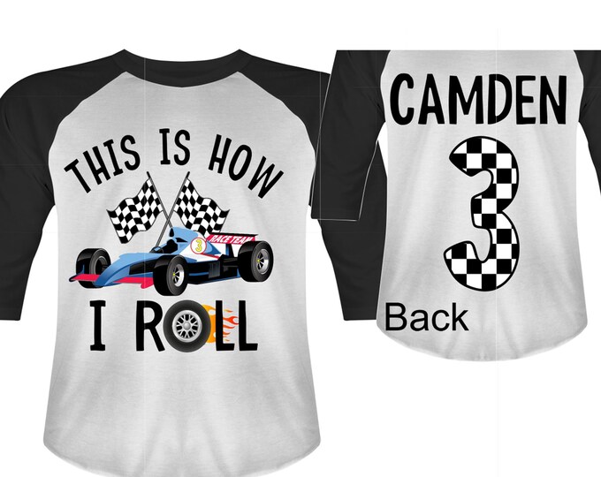 Personalized RaceCar theme Birthday Shirt. THREE Birthday. Boy's Racecar Birthday Shirt. Race Car Racing Birthday Shirt.