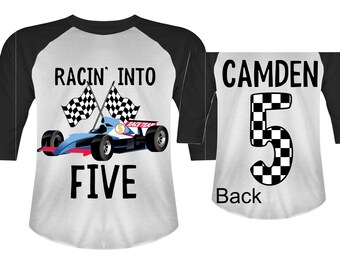 Personalized Racecar theme Birthday Shirt. FIVE Birthday. Boy's Racing Birthday . Race Car Themed Birthday Shirt
