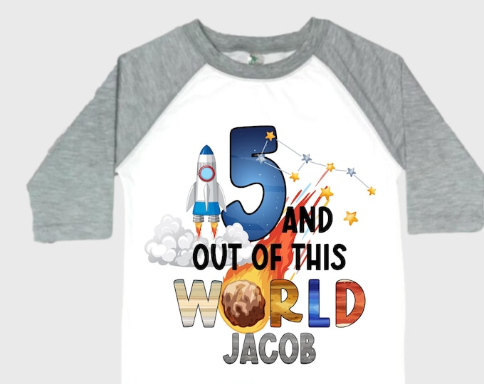 Personalized Space Birthday FIVE Astronaut theme Birthday Shirt. 5th Birthday. Boy's Birthday Shirt. Spaceship Space ship Birthday Shirt.