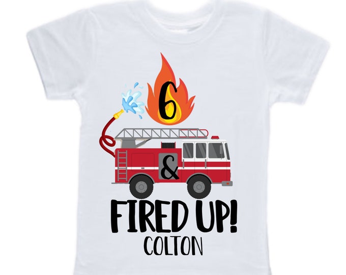 Personalized 6 and Fired UP!  Fire Truck Truck SIX Raglan Monster Truck theme Birthday Shirt. SIX Birthday. FireTruck Birthday .