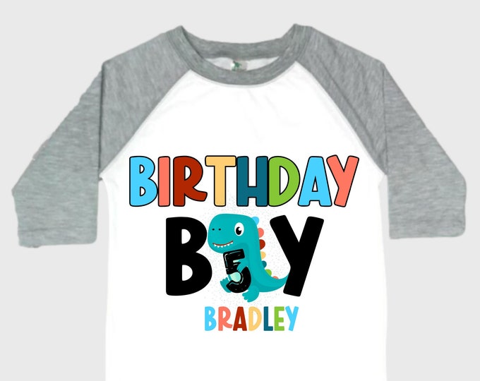 Personalized Dinosaur Themed Birthday Boy Raglan Dinosaur theme Birthday Shirt. FIVE Birthday. Boy's Dino Birthday. Dinosaur Birthday Shirt.