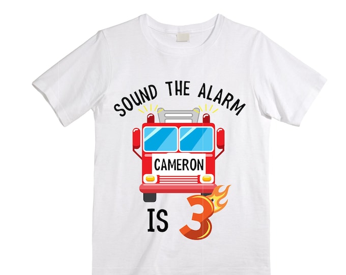 Personalized Sound the Alarm I'm 3 Fire Truck theme Birthday Shirt. THREE Birthday. Boy's Truck Birthday Shirt. Fire Truck Birthday Shirt.