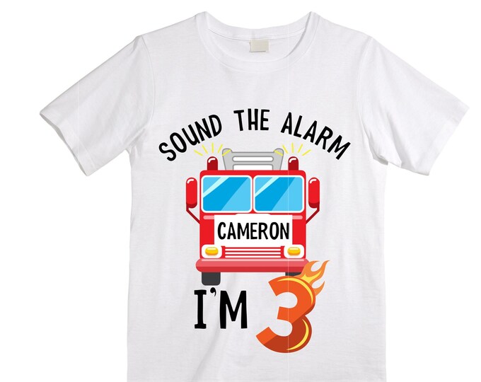 Personalized Sound the Alarm I'm 3 Fire Truck theme Birthday Shirt. THREE Birthday. Boy's Truck Birthday Shirt. Fire Truck Birthday Shirt.