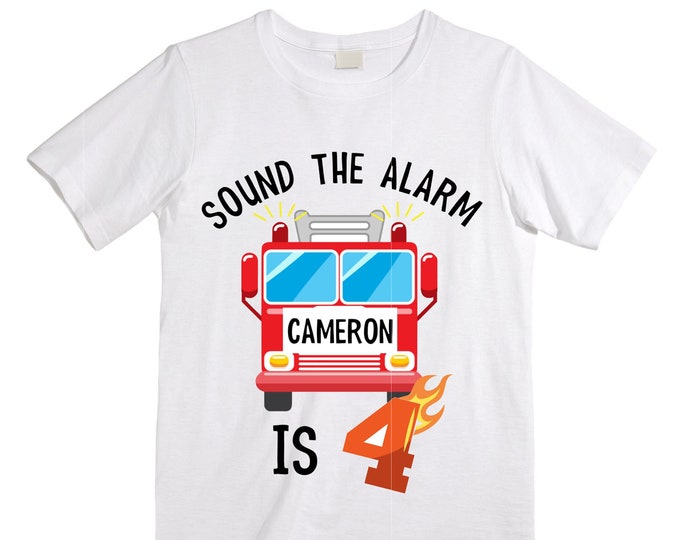 Personalized Sound the Alarm I'm 4Fire Truck FOUR  Raglan Monster Truck theme Birthday Shirt. Fourth Birthday. Boy's Fire Truck Birthday .