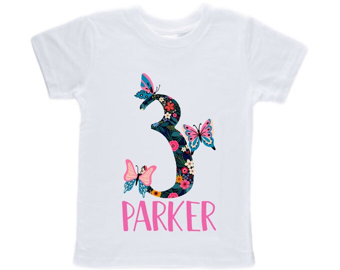 Personalized Butterfly THREE Birthday Girl Shirt. Cake Smash Sleeve Birthday Shirt. Three . Birthday Shirt