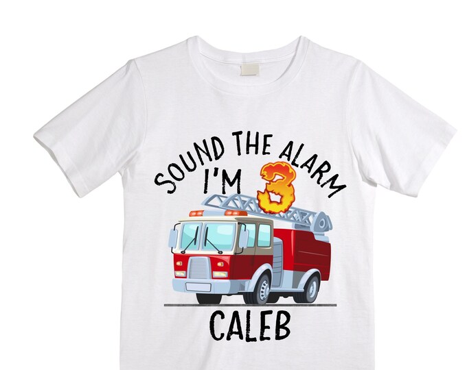 Personalized Sound the Alarm I'm 3 Fire Truck theme Birthday Shirt. THREE Birthday. Boy's Truck Birthday Shirt. Fire Truck Birthday Shirt.