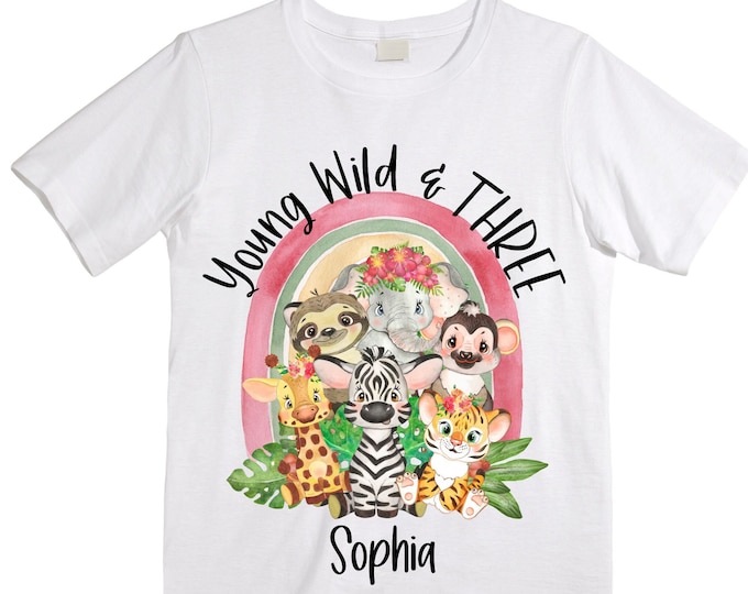 Personalized Young Wild and THREE Safari Rainbow Themed Birthday Shirt. Safari Birthday Shirt. THIRD Birthday Shirt