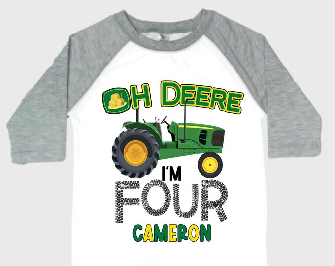 Personalized Tractor FOUR  Raglan Monster Truck theme Birthday Shirt. Two Birthday. Boy's Racing Birthday . Tractor Birthday .