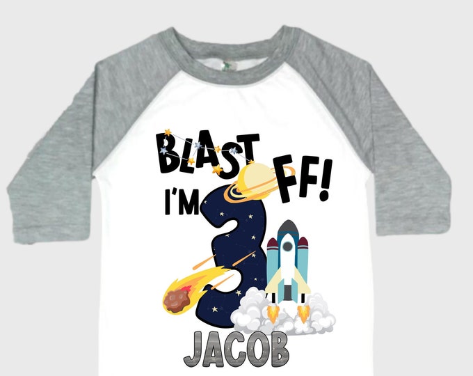 Personalized Space Birthday THREE Astronaut theme Birthday Shirt. THREE Birthday. Boy's Birthday Shirt. Spaceship Space ship Birthday Shirt.