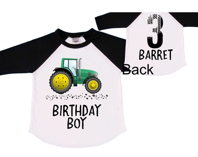 Personalized Tractor theme Birthday Shirt. THREE Birthday. Boy's Truck Birthday Shirt. Tractor Racing Birthday Shirt.