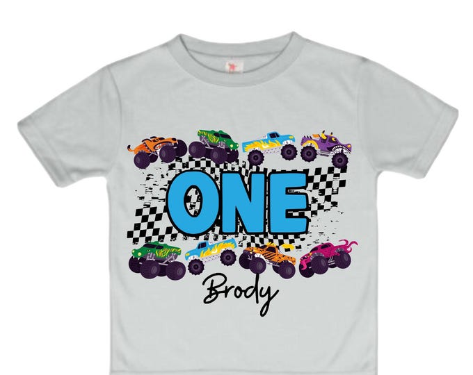 Personalized Monster Truck Crushing IT Birthday Shirt. ONE First 1st Birthday. Truck Birthday Shirt. Monster Truck Racing Birthday Shirt.