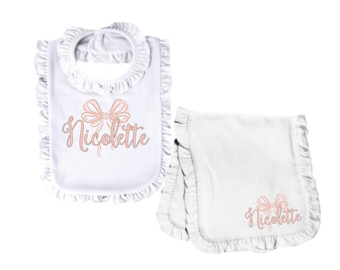 Personalized Bow / Floral Burp Cloth and Bib  Set. Fun Burp Cloth. Baby Shower Gift. Newborn Gift Idea