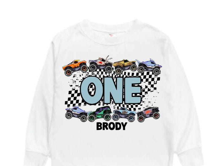 Personalized Monster Truck Crushing IT Birthday Long Sleeve Pull Over Shirt. ONE First 1st Birthday. Truck Birthday. Monster Truck Racing.