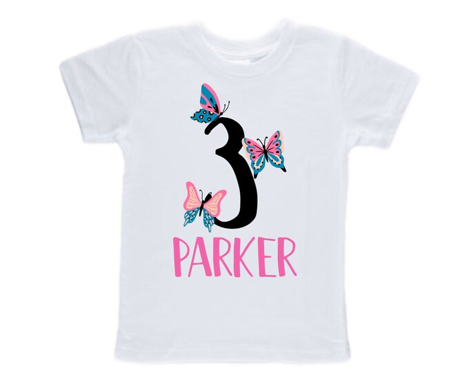Personalized Butterfly THREE Birthday Girl Shirt. Cake Smash Sleeve Birthday Shirt. Three . Birthday Shirt