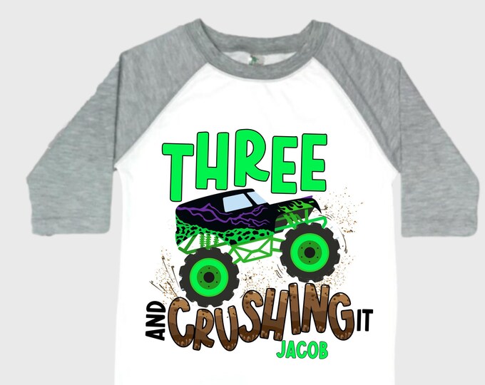 Personalized Monster Truck theme Birthday Shirt. THREE Birthday. Boy's Truck Birthday Shirt. Monster Truck Racing Birthday Shirt.