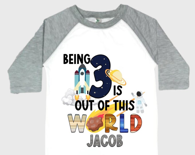 Personalized Space Birthday THREE Astronaut theme Birthday Shirt. THREE Birthday. Boy's Birthday Shirt. Spaceship Space ship Birthday Shirt.