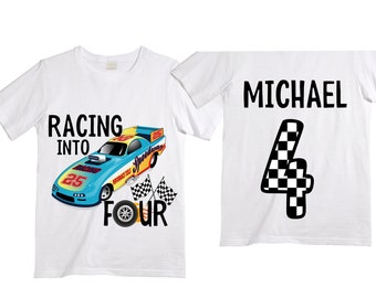 Personalized RaceCar FOUR  Race Car theme Birthday Shirt. FOUR Birthday. Boy's Racing Birthday . Racecar Birthday