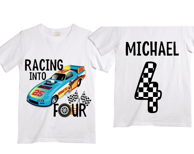 Personalized RaceCar FOUR  Race Car theme Birthday Shirt. FOUR Birthday. Boy's Racing Birthday . Racecar Birthday