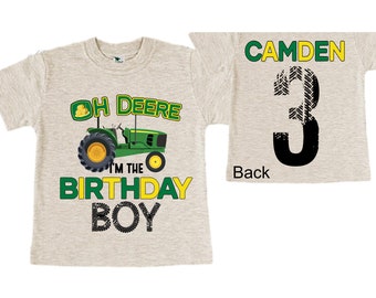Personalized Tractor theme Birthday Shirt. THREE Birthday. Boy's Truck Birthday Shirt. Tractor Racing Birthday Shirt.