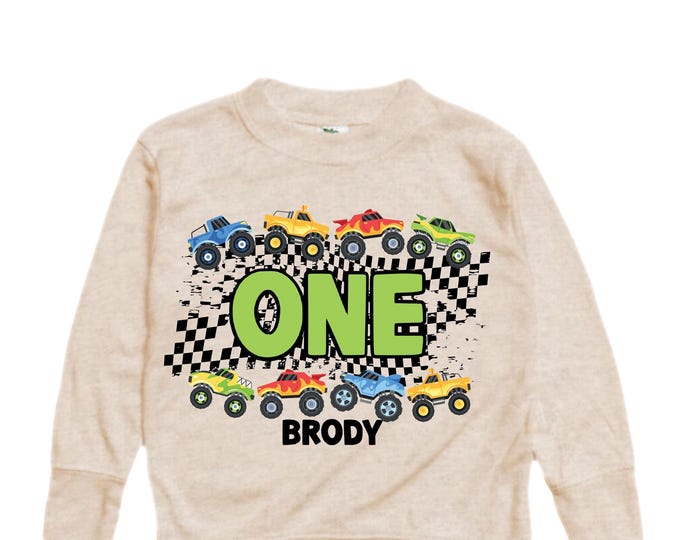 Personalized Monster Truck Crushing IT Birthday Long Sleeve Pull Over Shirt. ONE First 1st Birthday. Truck Birthday. Monster Truck Racing.