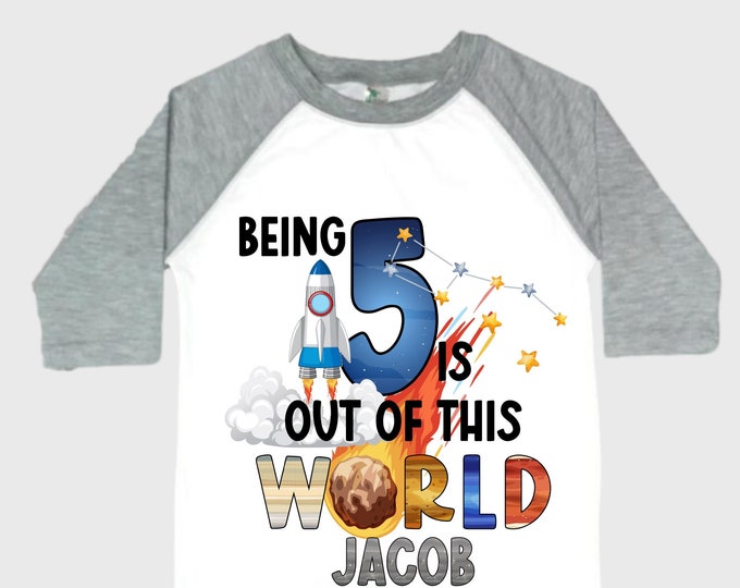 Personalized Space Birthday FIVE Astronaut theme Birthday Shirt. 5th Birthday. Boy's Birthday Shirt. Spaceship Space ship Birthday Shirt.