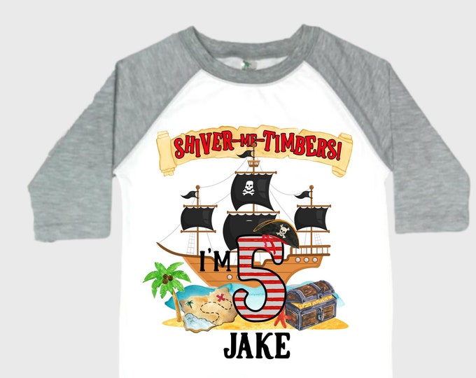 Personalized Pirate Ship FIVE Pirate Ship theme Birthday Shirt. Five Birthday. Boy's Pirate. Ahoy Matey, Arr Matey, Arrgh, Shiver Me Timber