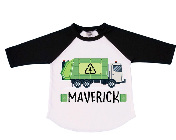 Personalized Trash Truck / Garbage Truck FOUR  Raglan Monster Truck theme Birthday Shirt. Fourth Birthday. Boy's Birthday .