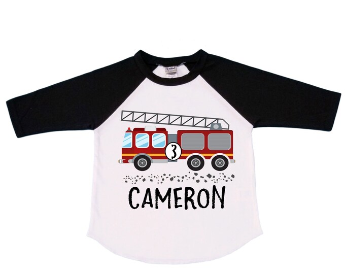 Personalized Fire Truck theme Birthday Shirt. THREE Birthday. Boy's Truck Birthday Shirt. Fire Truck Birthday Shirt.