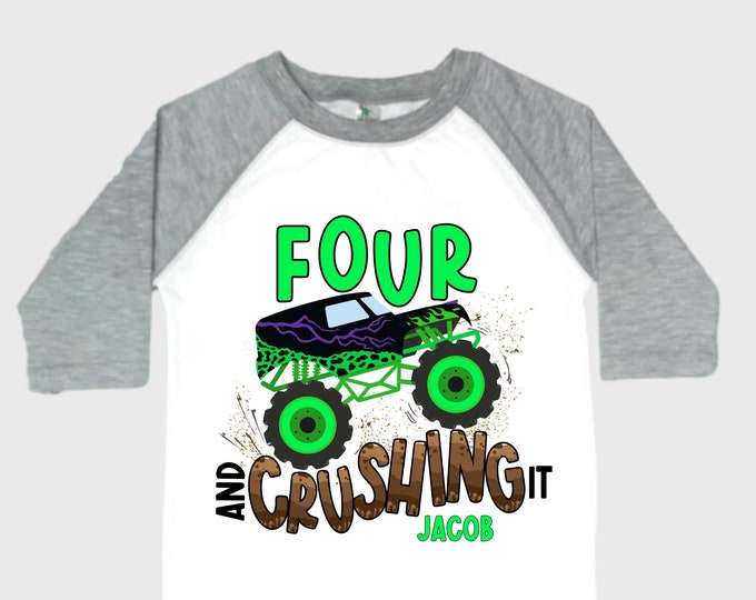 Personalized Monster Truck Crushing IT Birthday Shirt. FOUR  Birthday. Boy's Truck Birthday Shirt. Monster Truck Racing Birthday Shirt.