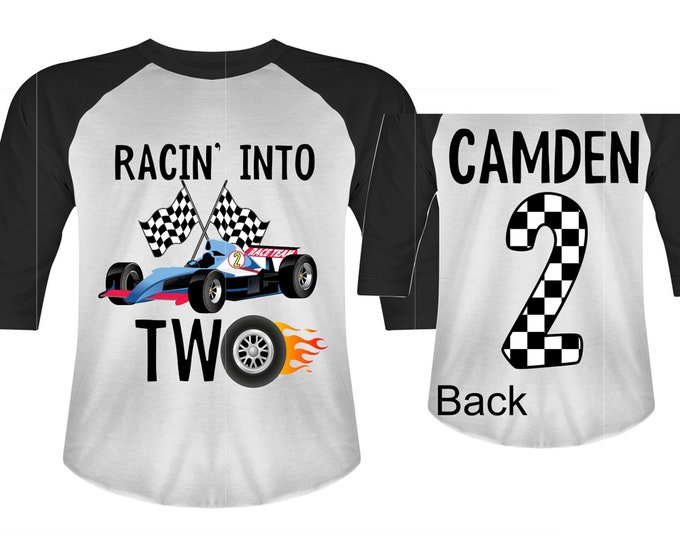 Personalized RaceCar theme Birthday Shirt. Two Birthday. Boy's Car Birthday Shirt. Race Car Racing Birthday Shirt.