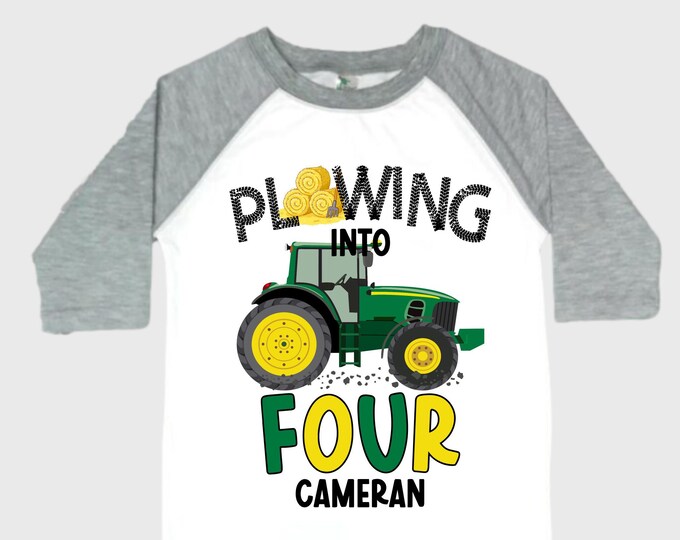 Personalized Tractor FOUR  Raglan Monster Truck theme Birthday Shirt. Two Birthday. Boy's Racing Birthday . Tractor Birthday .