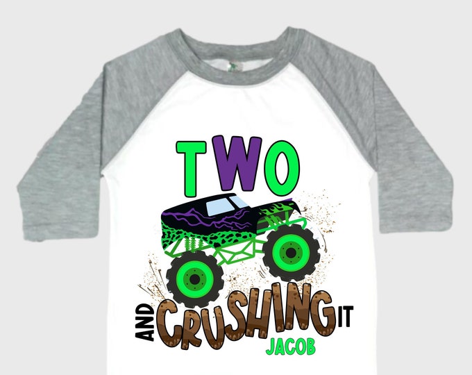 Personalized Monster Truck theme Birthday Shirt. Two Birthday. Boy's Truck Birthday Shirt. Monster Truck Racing Birthday Shirt.