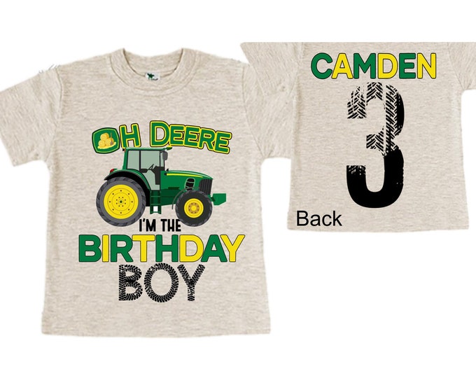 Personalized Tractor theme Birthday Shirt. THREE Birthday. Boy's Truck Birthday Shirt. Tractor Racing Birthday Shirt.