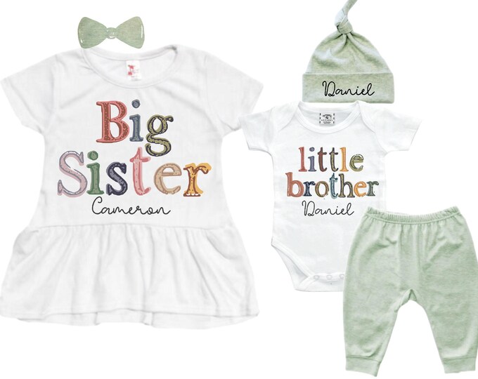 Big Sister Little Brother Sibling Set: Peplum Shirt, Bodysuit, Pants, Headband, Beanie