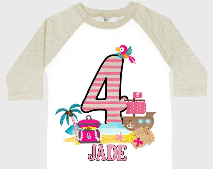Personalized Pirate Ship Rainbow Four Birthday Girl Shirt. Ahoy Matey, Arrgh, Arr Matey. Shiver Me Timbers Pirate Themed 4th Birthday