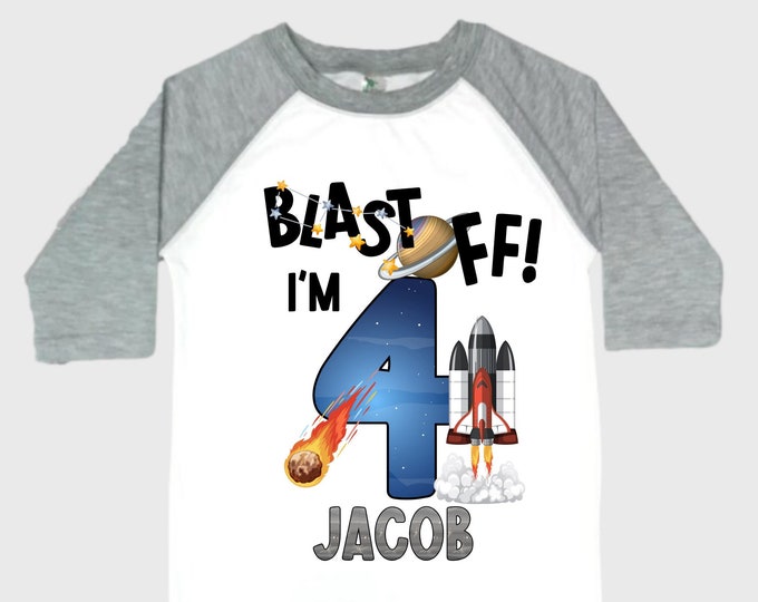 Personalized Space Birthday FOUR Astronaut theme Birthday Shirt. FOUR Birthday. Boy's Birthday Shirt. Spaceship Space ship Birthday Shirt.