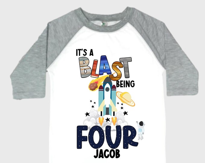 Personalized Space Birthday FOUR Astronaut theme Birthday Shirt. FOUR Birthday. Boy's Birthday Shirt. Spaceship Space ship Birthday Shirt.