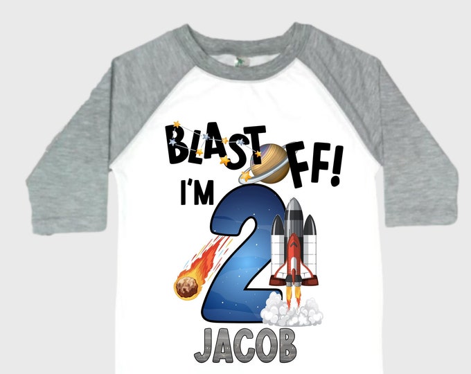 Personalized Space Birthday TWO Astronaut theme Birthday Shirt. TWO Birthday. Boy's Birthday Shirt. Spaceship Space ship Birthday Shirt.