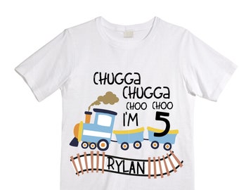 Personalized Choo Choo I'm 5 Train theme Birthday Shirt. Five Birthday. Boy's Train Birthday Shirt. Choo Choo Train Birthday Shirt.
