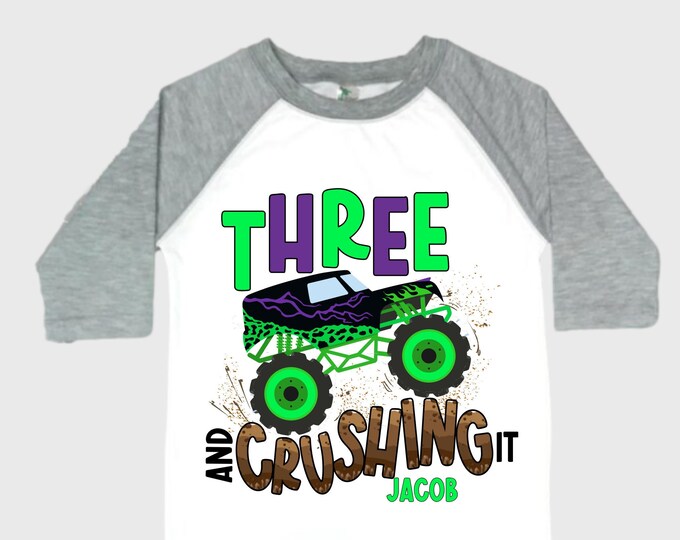 Personalized Monster Truck theme Birthday Shirt. THREE Birthday. Boy's Truck Birthday Shirt. Monster Truck Racing Birthday Shirt.