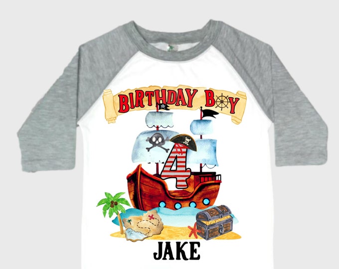 Personalized Pirate Ship FOUR  Raglan Pirate Ship theme Birthday Shirt. Arr matey. Ahoy Matey. Timber Me Shivers. 4th Pirate themed Party.