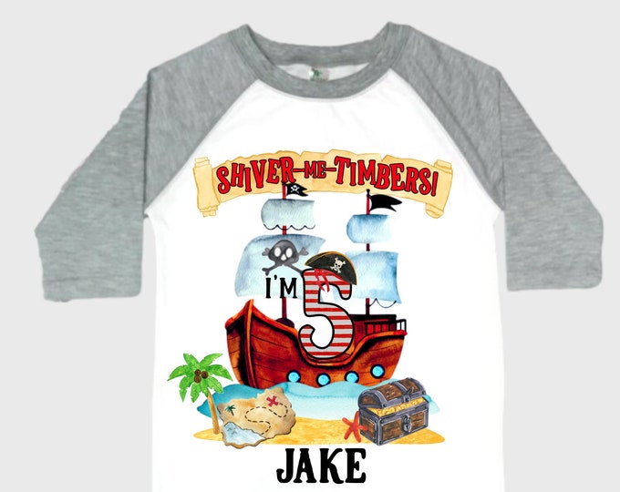 Personalized Pirate Ship FIVE Pirate Ship theme Birthday Shirt. Five Birthday. Boy's Pirate. Ahoy Matey, Arr Matey, Arrgh, Shiver Me Timber