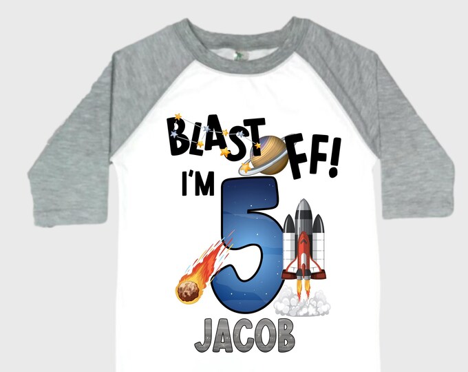 Personalized Space Birthday FIVE Astronaut theme Birthday Shirt. 5th Birthday. Boy's Birthday Shirt. Spaceship Space ship Birthday Shirt.
