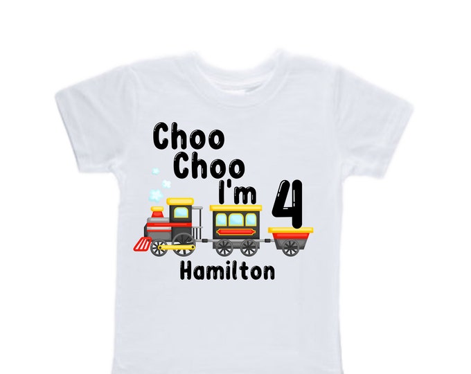 Personalized Choo Choo I'm 4 Train theme Birthday Shirt. Four Birthday. Boy's Train Birthday Shirt. Choo Choo Train Birthday Shirt.