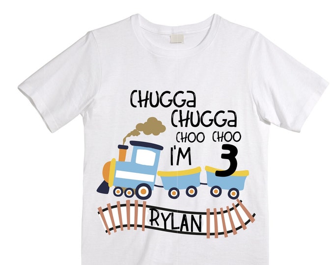 Personalized Choo Choo I'm 3 Train theme Birthday Shirt. Three Birthday. Boy's Train Birthday Shirt. Choo Choo Train Birthday Shirt.